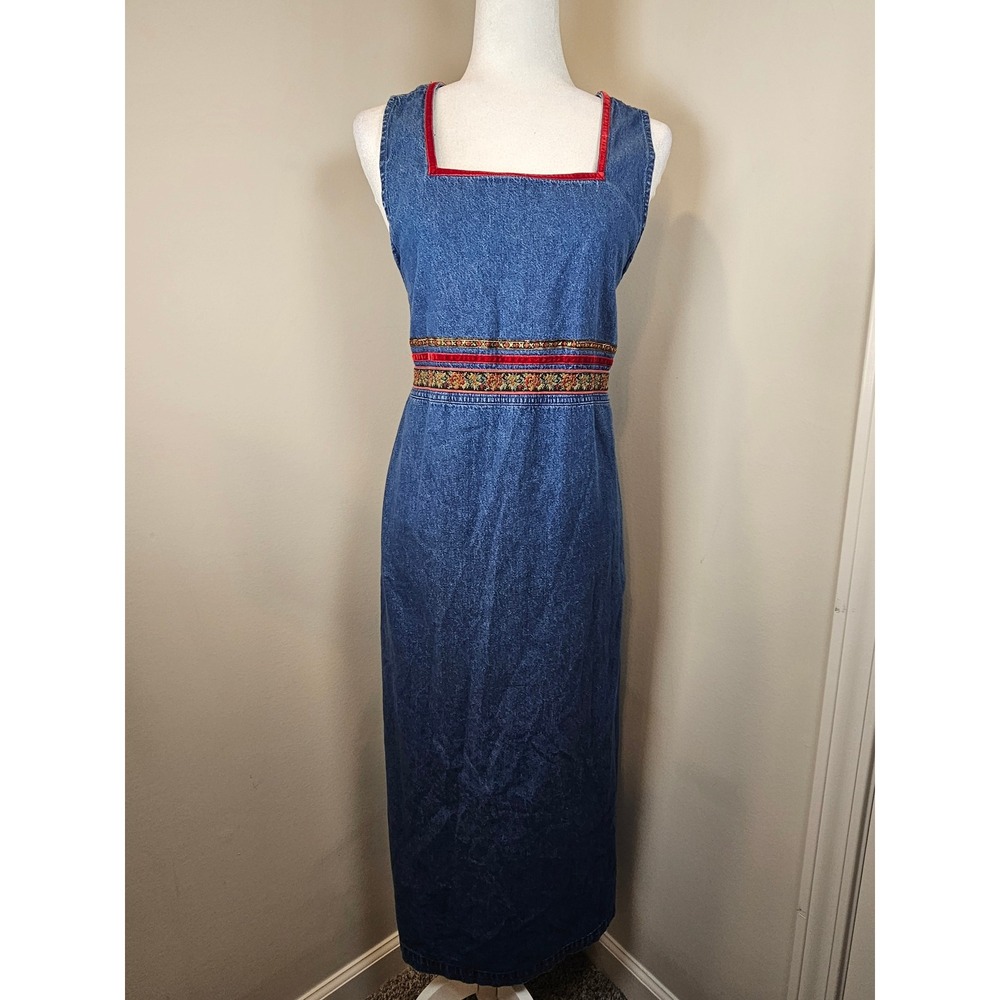 Erika & Co Vintage Denim Maxi Dress Red Velvet Trim Floral Tapestry Waist L